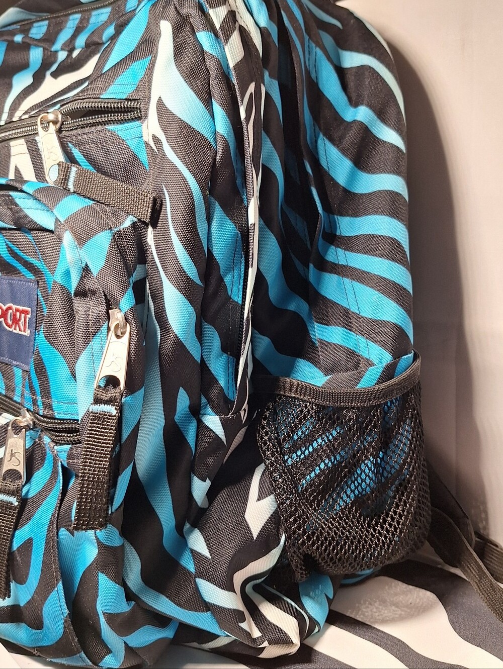 Jansport Backpack, Zebra Stripes, Black & Blue & White w/Blue Accents - Picture 3 of 15